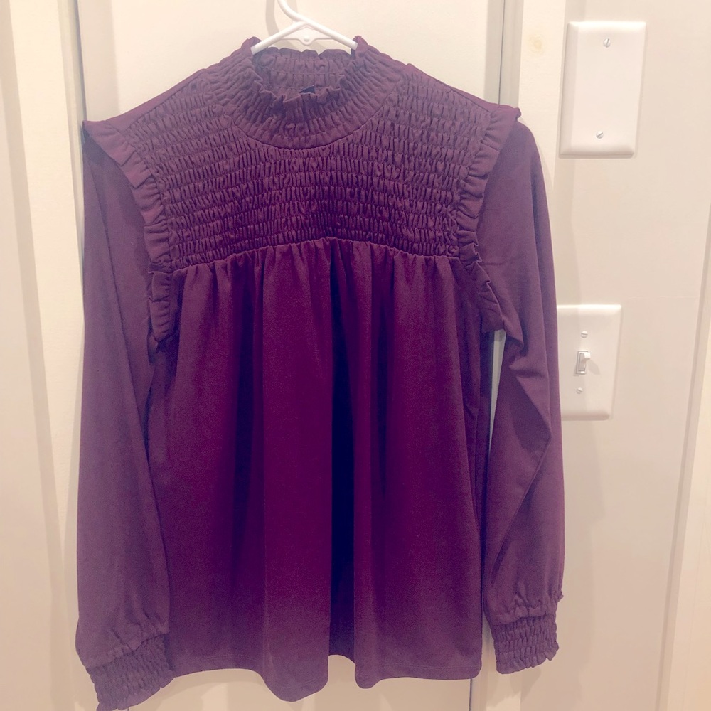 Ann Taylor spiced plum smocked mock neck top
